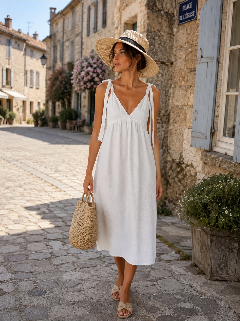 Bohème White Linen Blend Midi Dress Size M Tie Shoulder Cottagecore Boho Summer